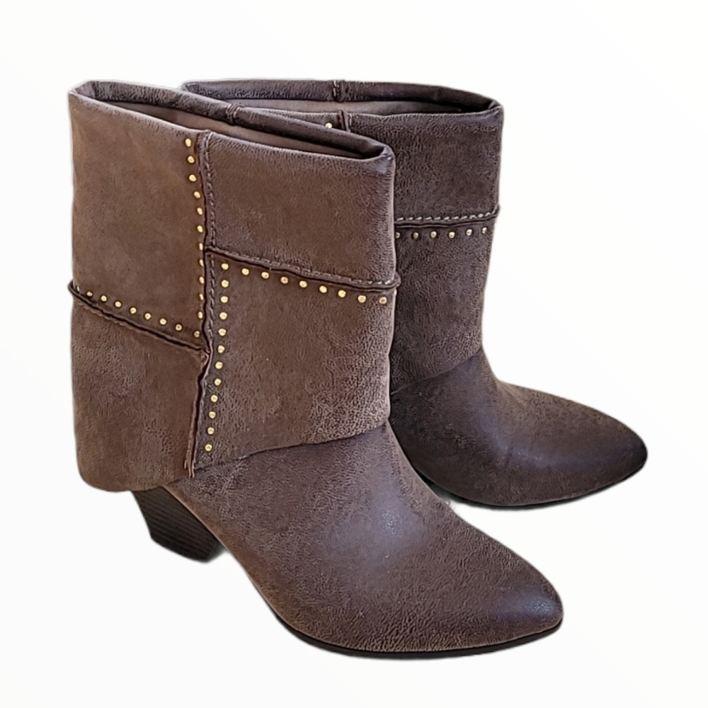 FERGIE Gold Tone Studded Faux Leather Pointed Toe Heeled Boots